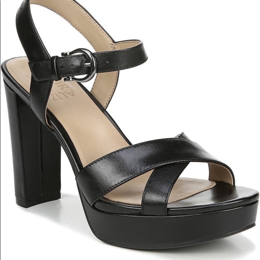 Black leather heeled sandal